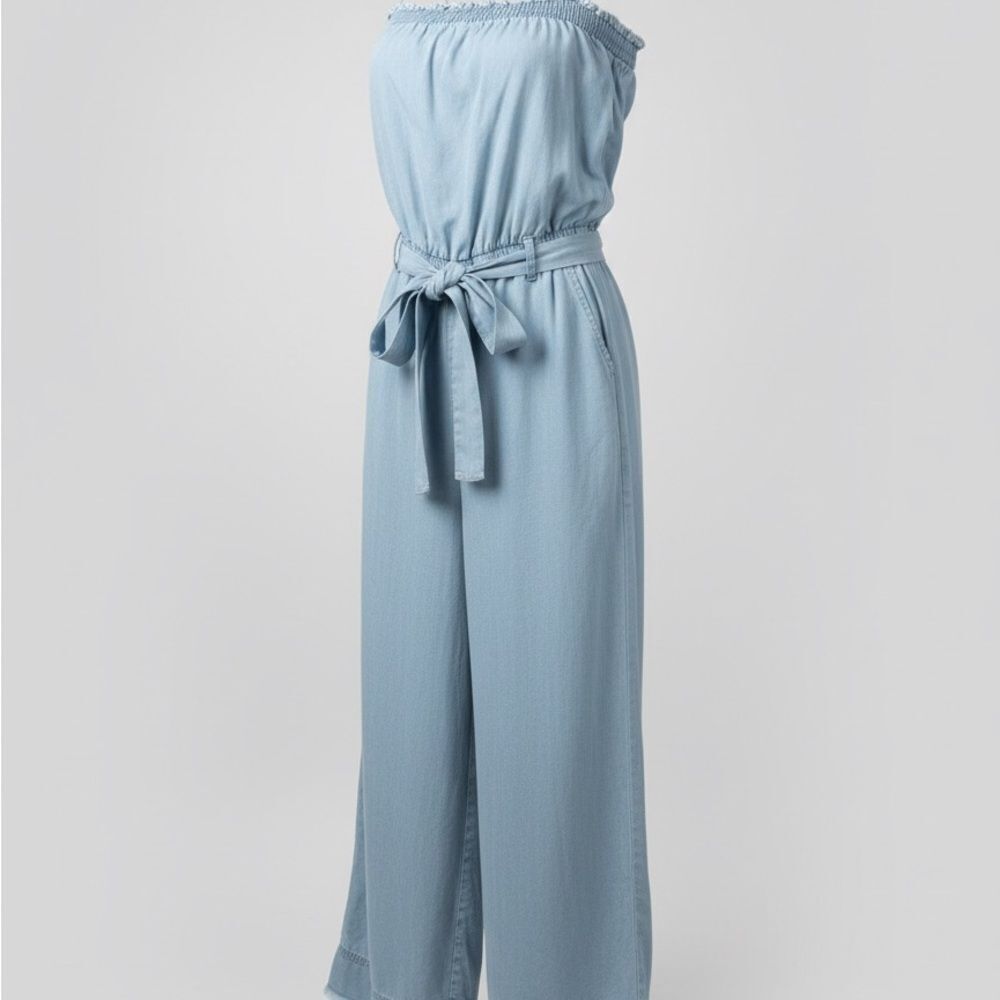 1250°C Women’s Light Blue Strapless Jumpsuit Tie Waist Pockets Size Small